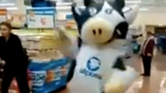 Watch These People Act Like There Isn’t A Giant Cow Dancing In The Middle Of The Grocery Store