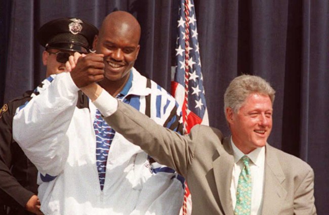 Basketball star Shaquille O'Neal (L) greets US Pre