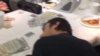 Andrew Bogut Falls Asleep On A Table Of Cash During A Warriors Plane Party