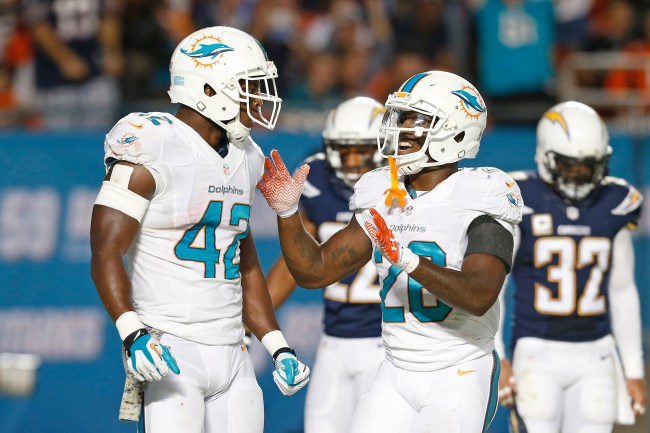 MIAMI GARDENS, FL - NOVEMBER 17: Charles Clay #42 is congratulated by Lamar Miller #26 of the Miami Dolphins after scoring a touchdown against the San Diego Chargers on November 17, 2013 at Sun Life Stadium in Miami Gardens, Florida. The Dolphins defeated the Chargers 20-16. (Photo by Joel Auerbach/Getty Images)