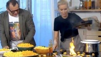 Watch This Swedish TV Host Gracefully Start A Fire While Trying To Fry Cheese Doodles