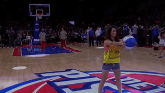 Watch This Pistons Dancer Hit A Half Court Shot Over Her Head