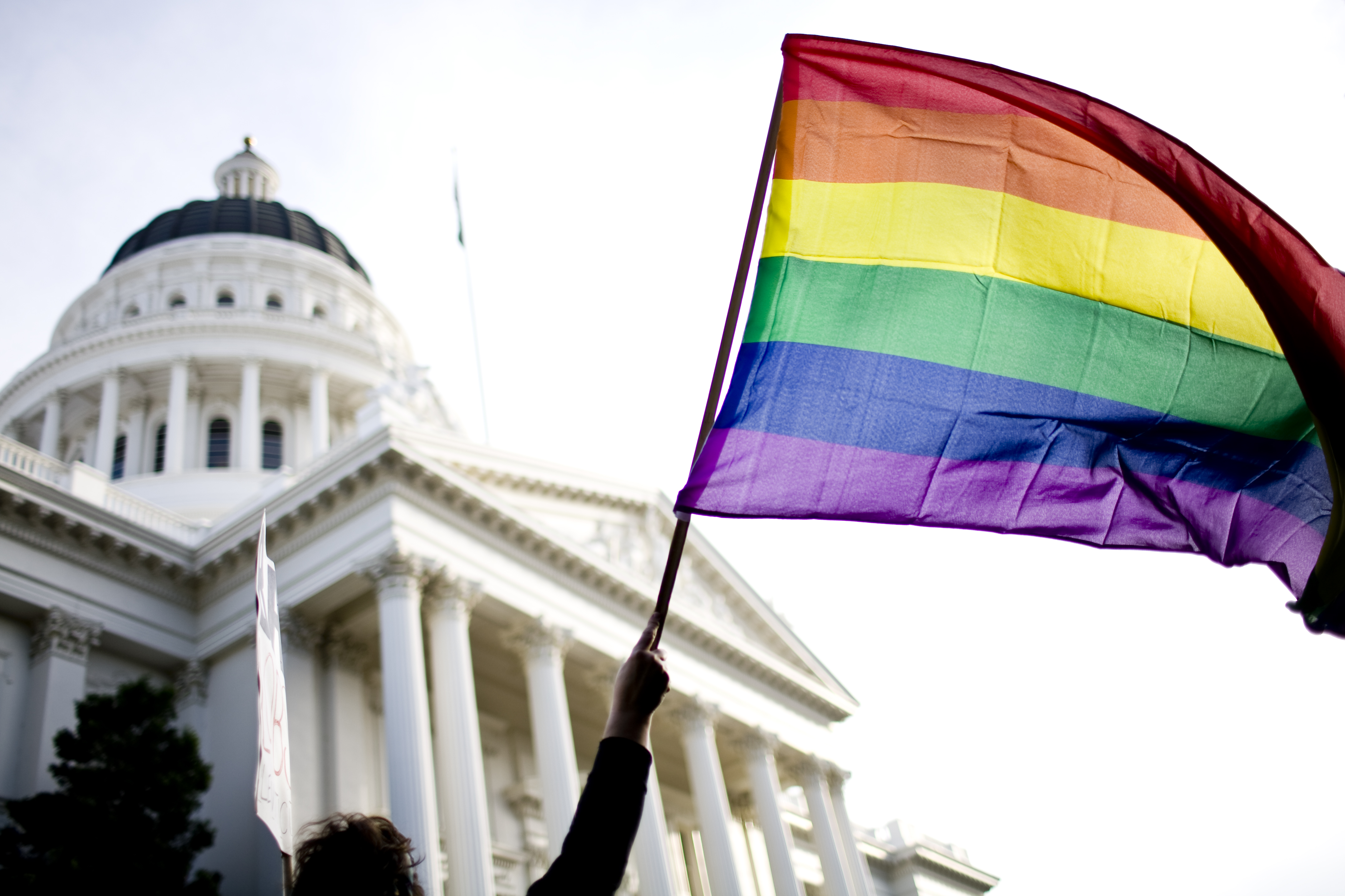 Rally On Steps Of California State Capitol Protests Passage Of Prop 8 SACRAMENTO, CA - NOVEMBER 22:  Supporters of gay marriage rally on the steps of the State Capitol November 22, 2008 in Sacramento, California. People across the country continue to protest the passing of California State Proposition 8 which makes gay marriage in California illegal. (Photo by Max Whittaker/Getty Images)