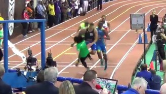 Watch A Woman Get Pulverized At The Finish Line In This Track Race Gone Wrong
