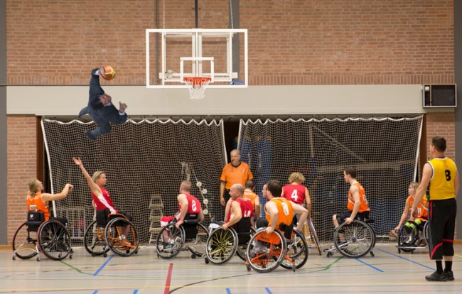 Robopanda wanted to see Tom dunk over some wheelchair basketball players. It didn't really work, but I tried.