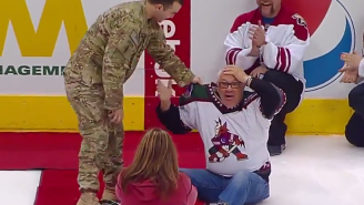 Watch This American Soldier Get Tackled By His Dad At A Hockey Game
