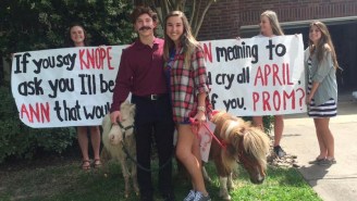 A Teenager Dressed As Ron Swanson For A ‘Parks And Recreation’-Themed Prom Invite