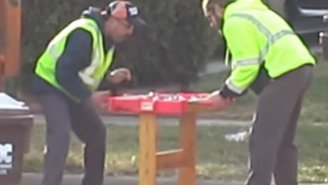 Watch Two Garbage Men Have A Heated Battle On Someone’s Trashed Foosball Table