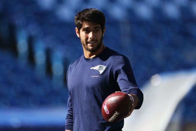 ORCHARD PARK, NY - OCTOBER 12:  Jimmy Garoppolo #10 of the New England Patriots warms up before the first half against the Buffalo Bills at Ralph Wilson Stadium on October 12, 2014 in Orchard Park, New York.  (Photo by Tom Szczerbowski/Getty Images)