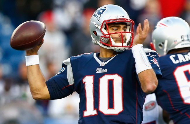 FOXBORO, MA - DECEMBER 28:  Jimmy Garoppolo #10 of the New England Patriots passes the ball during the fourth quarter against the Buffalo Bills at Gillette Stadium on December 28, 2014 in Foxboro, Massachusetts.  (Photo by Jared Wickerham/Getty Images)