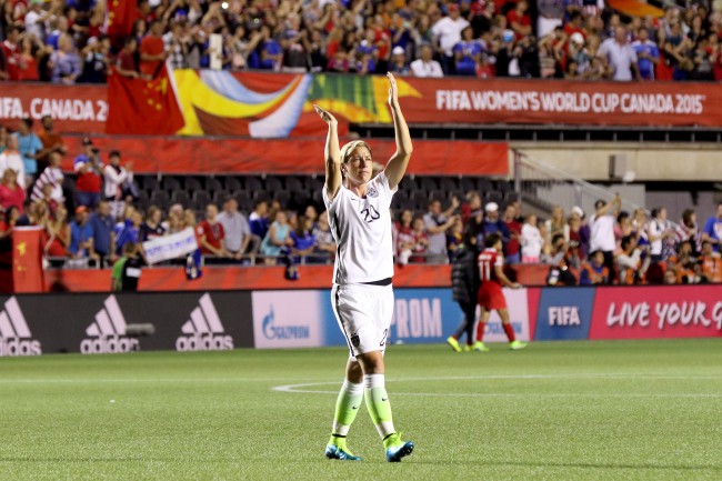 OTTAWA, ON - JUNE 26:  Abby Wambach #20 of the United States acknowledges the crowd after defeating China 1-0 in the FIFA Women's World Cup 2015 Quarter Final match at Lansdowne Stadium on June 26, 2015 in Ottawa, Canada.  (Photo by Andre Ringuette/Freestyle Photo/Getty Images)