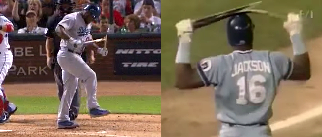 Puig channels Bo, breaks bat over knee