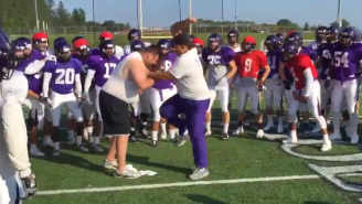 Watch These Holy Cross Football Coaches Have A Baller Post-Practice Wrestling Match
