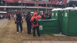 Broncos Fans Tipped Over A Porta-Potty With A Patriots Fan Inside