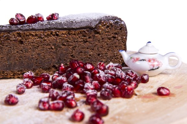 chocolate cake with pomegranates