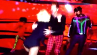 Gwen Stefani’s stunt double bailed during her live music video and here’s a clip