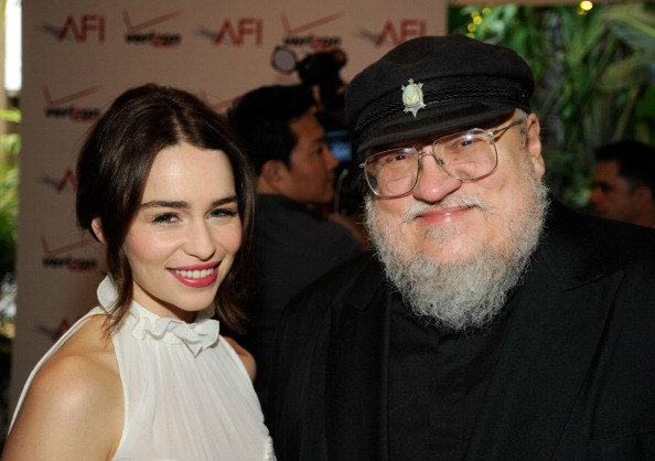 gameofthrones-george-r-r-martin-emilia-clarke_Getty 12th Annual AFI Awards - Red Carpet BEVERLY HILLS, CA - JANUARY 13:  Actress Emilia Clarke (L) and Writer George R.R. Martin arrive at at the 12th Annual AFI Awards held at the Four Seasons Hotel Los Angeles at Beverly Hills on January 13, 2012 in Beverly Hills, California.  (Photo by Frazer Harrison/Getty Images For AFI)
