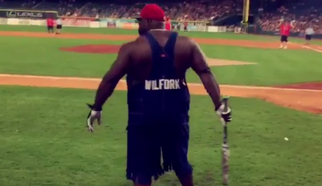 Vince Wilfork wore his amazing overalls as a uniform at J.J. Watt's charity  softball classic