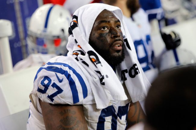 DENVER, CO - JANUARY 11: Arthur Jones #97 of the Indianapolis Colts looks on from the bench against the Denver Broncos during a 2015 AFC Divisional Playoff game at Sports Authority Field at Mile High on January 11, 2015 in Denver, Colorado. (Photo by Doug Pensinger/Getty Images)