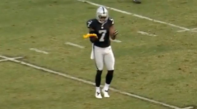 Marquette King Celebrates with Flag After Roughing the Kicker Penalty, Bills vs. Raiders