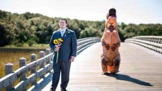 This T-Rex Bride Surprising Her Groom Will Make You Wish For A ‘Jurassic World’ Rom-Com
