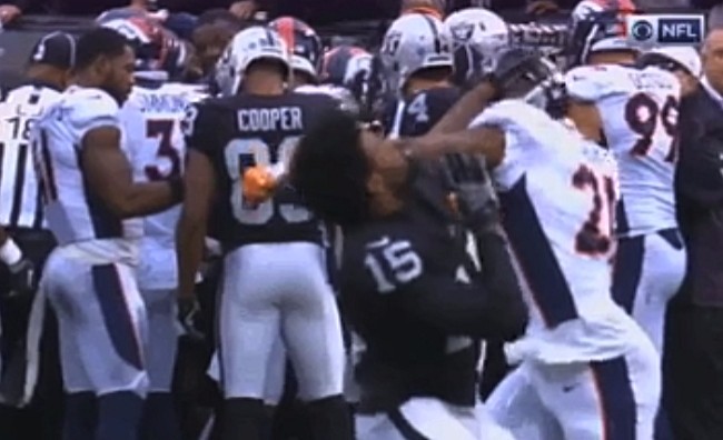 Fight Breaks Out in Raiders-Broncos Game Between Crabtree and Talib