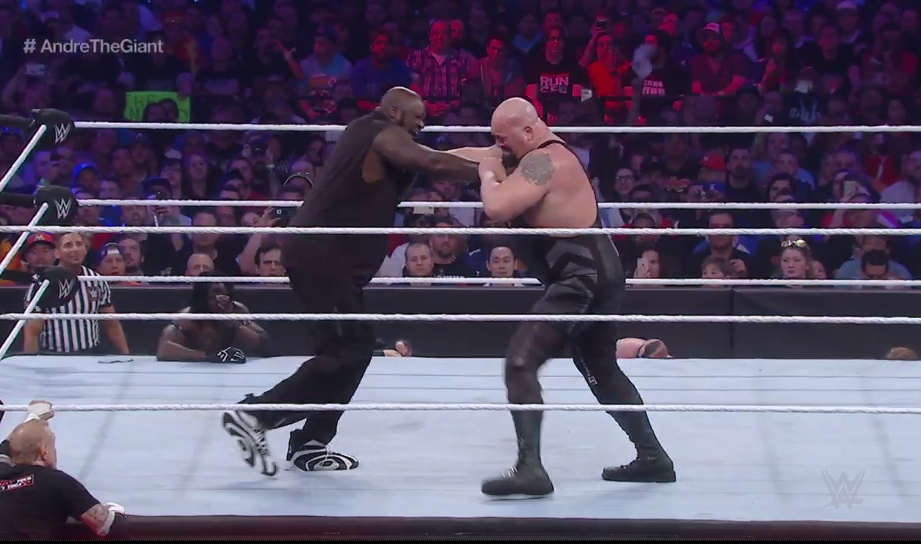 Here is Shaq and Brock Lesnar wearing a cowboy hat at WrestleMania 32 -  Cageside Seats