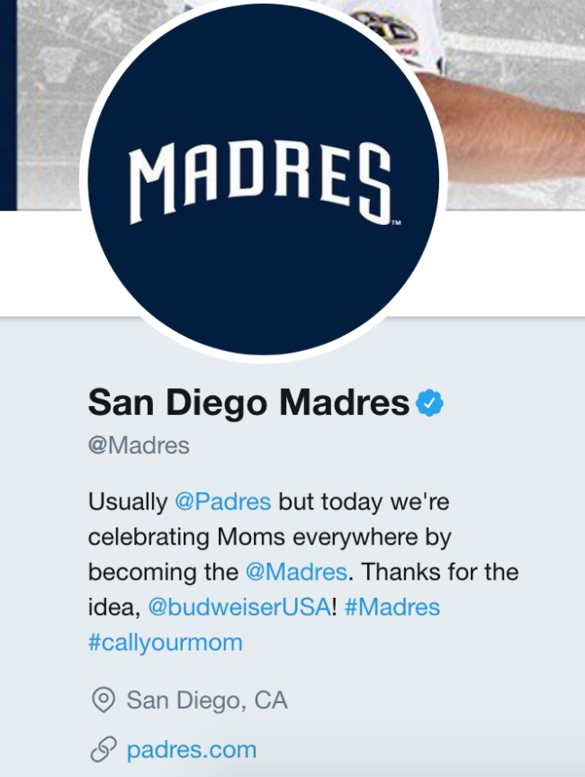 Padres lost Twitter handle after changing it to Madres on Mother's Day