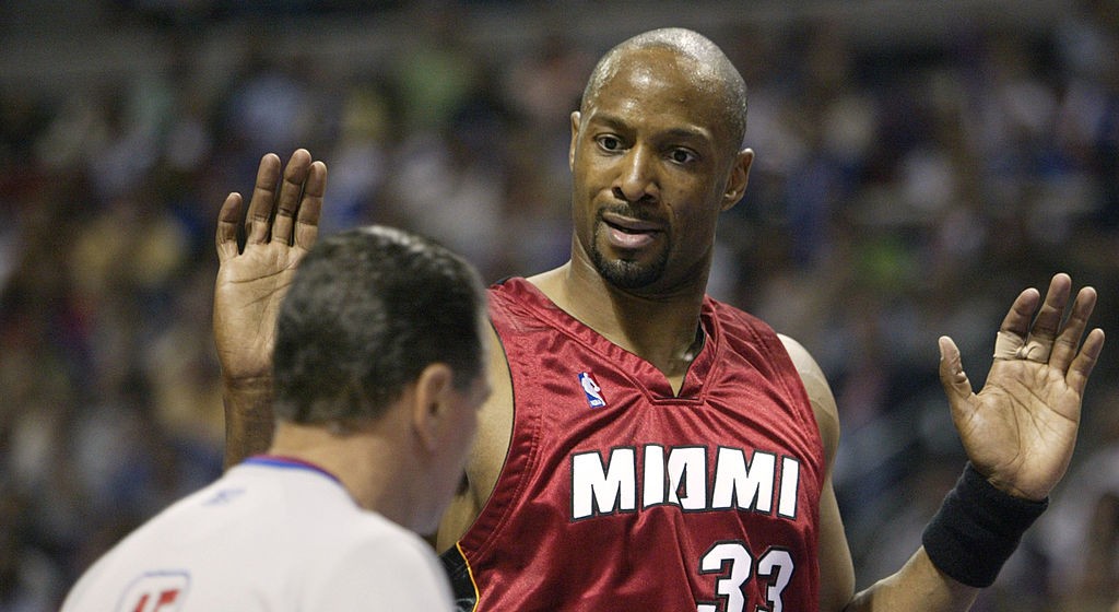 Alonzo Mourning of the Miami Heat expresses his emotion against