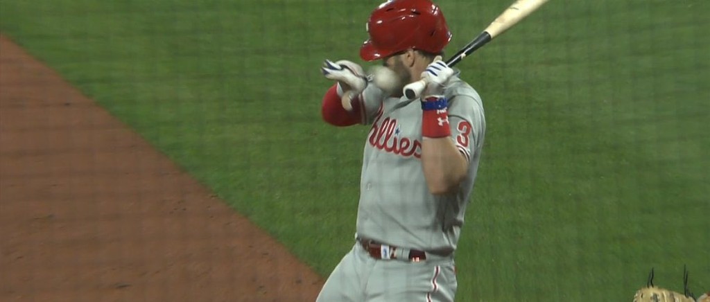 Bryce Harper Got Hit In The Face With A 97 MPH Fastball