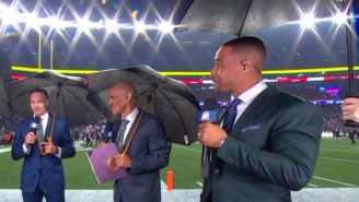 Football Fans Couldn’t Get Enough Of Rodney Harrison Having Someone Hold An Umbrella For Him Before Bucs-Pats