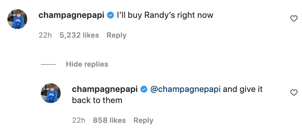 Drake Instagram Randy's Patties