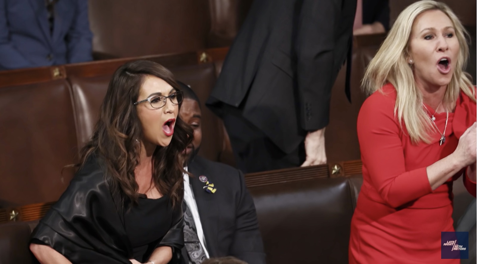 Lauren Boebert and Marjorie Taylor Greene heckling Joe Biden at the 2022 SOTU