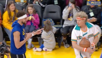 Will Ferrell Dressed As Jackie Moon And Warmed Up With Klay Thompson And Stephen Curry
