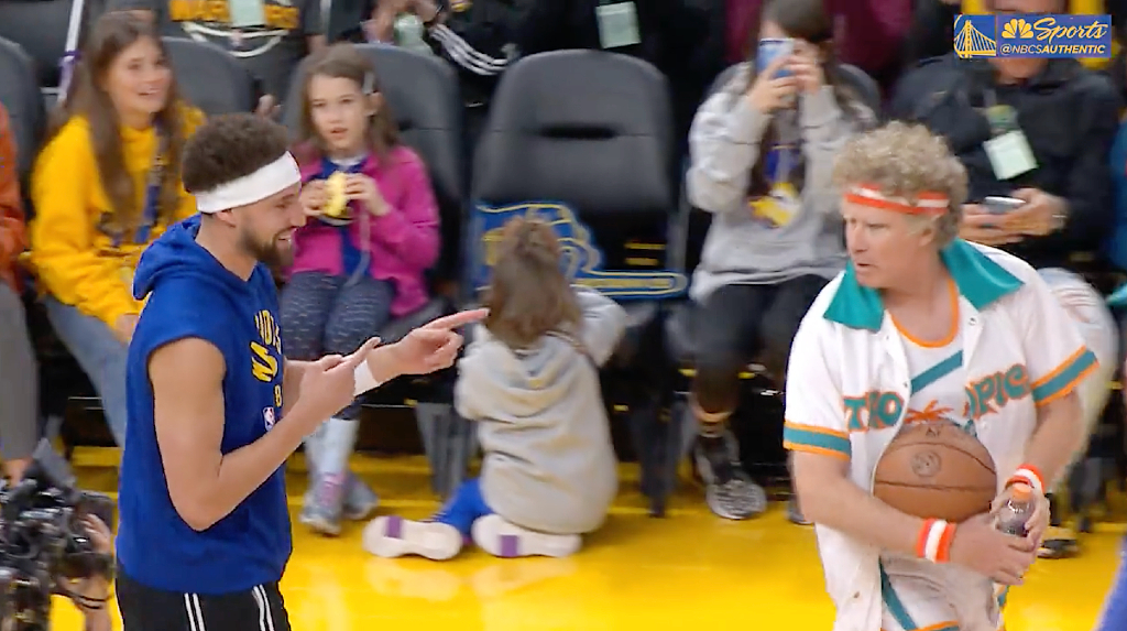 In “Semi-Pro” costume, actor Will Ferrell warms up with Klay