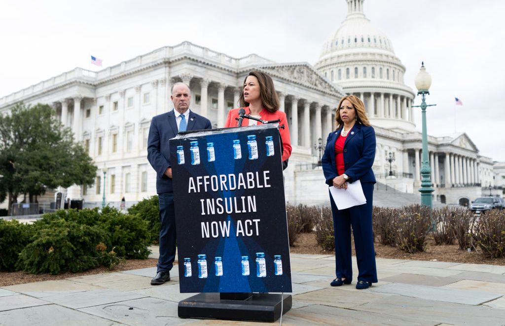 Rep. Dan Kildee, D-Mich.,Rep. Angie Craig, D-Minn., and Rep. Lucy McGrath, D-Ga., participate in the news conference outside the Capitol on the on the Affordable Insulin Now Act vote in the House of Representatives on Thursday, March 31, 2022