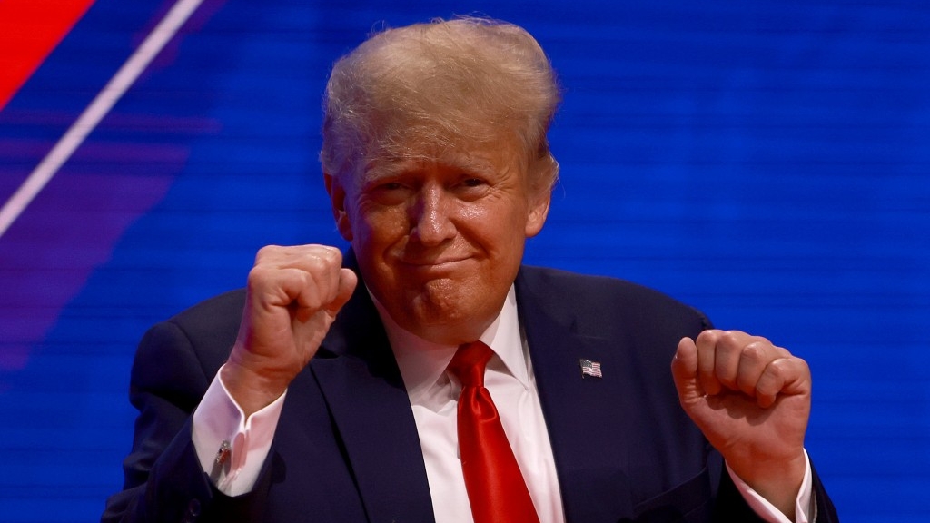 Former U.S. President Donald Trump gestures during the Conservative Political Action Conference (CPAC) at The Rosen Shingle Creek on February 26, 2022 in Orlando, Florida. CPAC