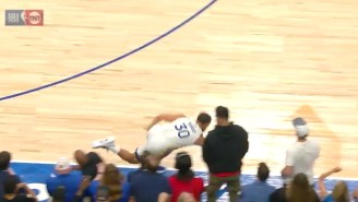 Stephen Curry Tripped Over A Waiter On The Sideline Just Before Halftime And Everyone Had ‘Curb’ Jokes