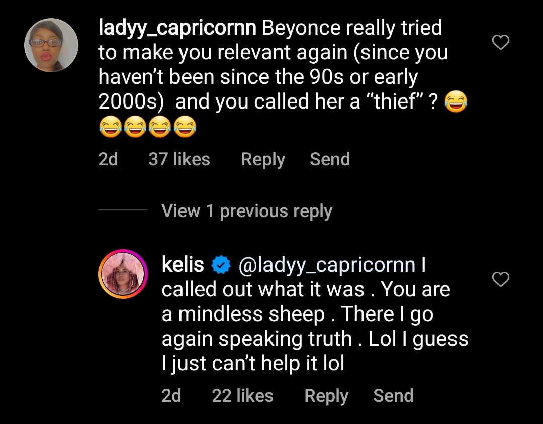 Kelis Instagram comments Beyonce