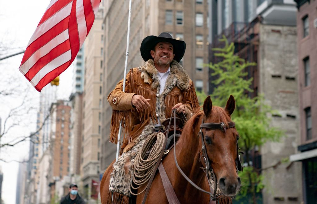 Otero County Commission Chairman and Cowboys for Trump co-founder Couy Griffin rides his horse on 5th avenue on May 1, 2020 in New York City