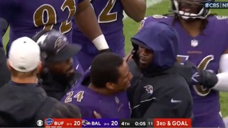Marcus Peters Had To Be Pulled Away From John Harbaugh After The Ravens Loss To The Bills