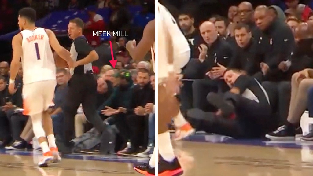 Ref Trips Over Meek Mill’s Kicked Out Legs Pendant Suns-Sixers