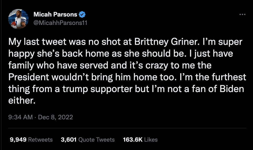 Cowboys' Micah Parsons admits 'mistake' in Brittney Griner tweet