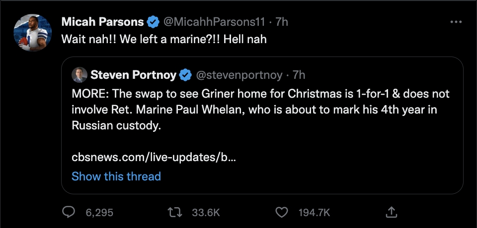 Dallas Cowboys: Micah Parsons tweets on Brittney Griner release