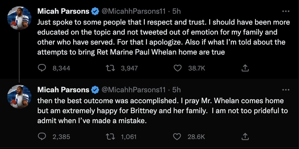 Micah Parsons Issues Apology Over Brittney Griner Tweet