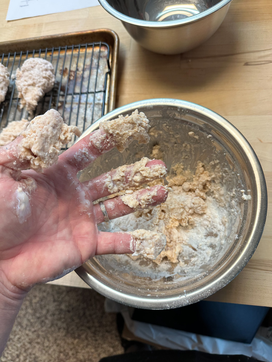 Breading in progress