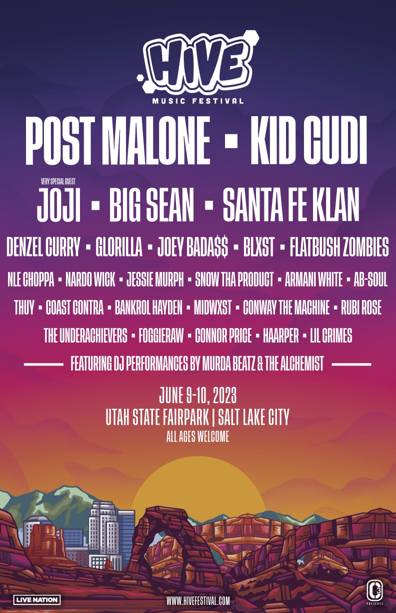 Kid Cudi, Post Malone, Big Sean, And Joji Will Play The 2023 Hive Festival In Salt Lake City