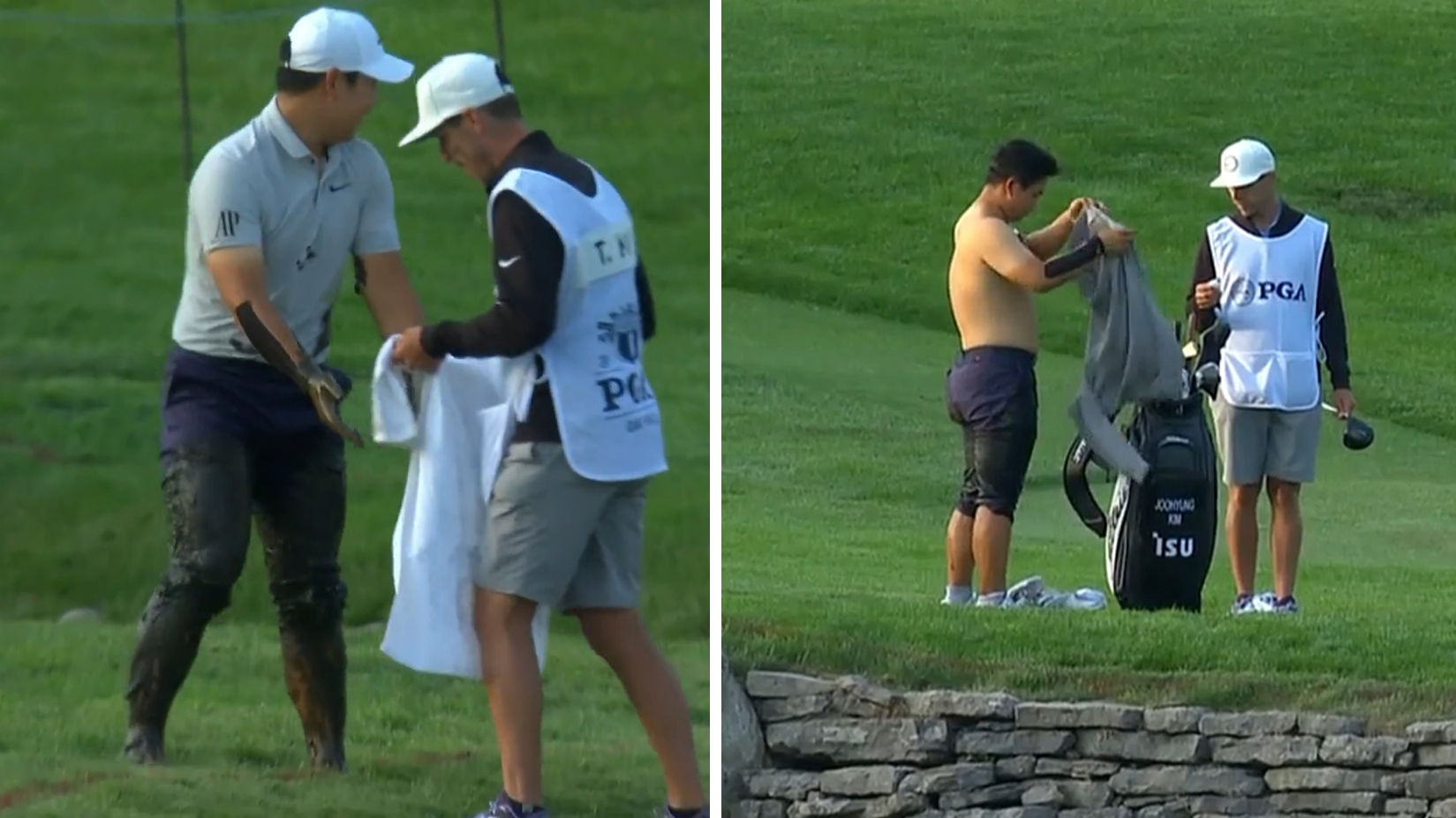 Watch Tom Kim Fall In The Mud At The PGA Championship