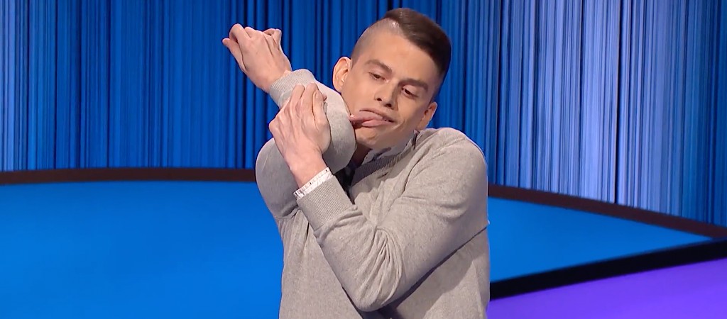Jeopardy contestant licking elbow Andrew Knowles
