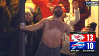 A Shirtless Jason Kelce Was Fired Up For Travis’ Touchdown Catch In Buffalo